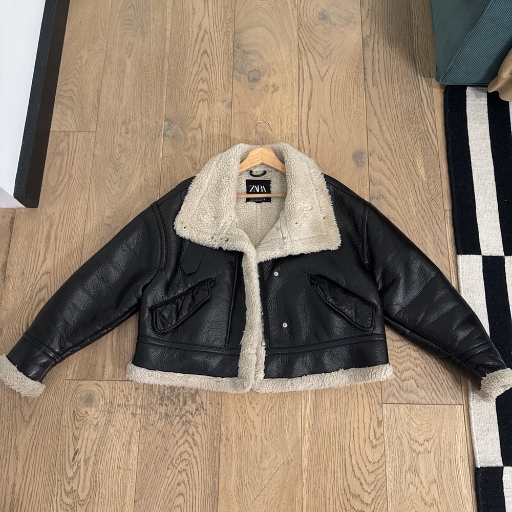 Zara Black Faux Leather Jacket with Cream Lining